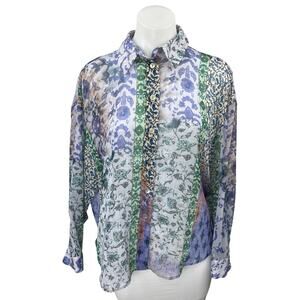 Zara Multicolor Floral Colorblock Striped Long Sleeve Button Down Shirt Top Sz M